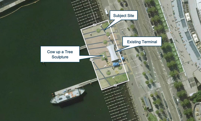 A diagram highlighting the location of the new terminal to the north of Cow Up A Tree.